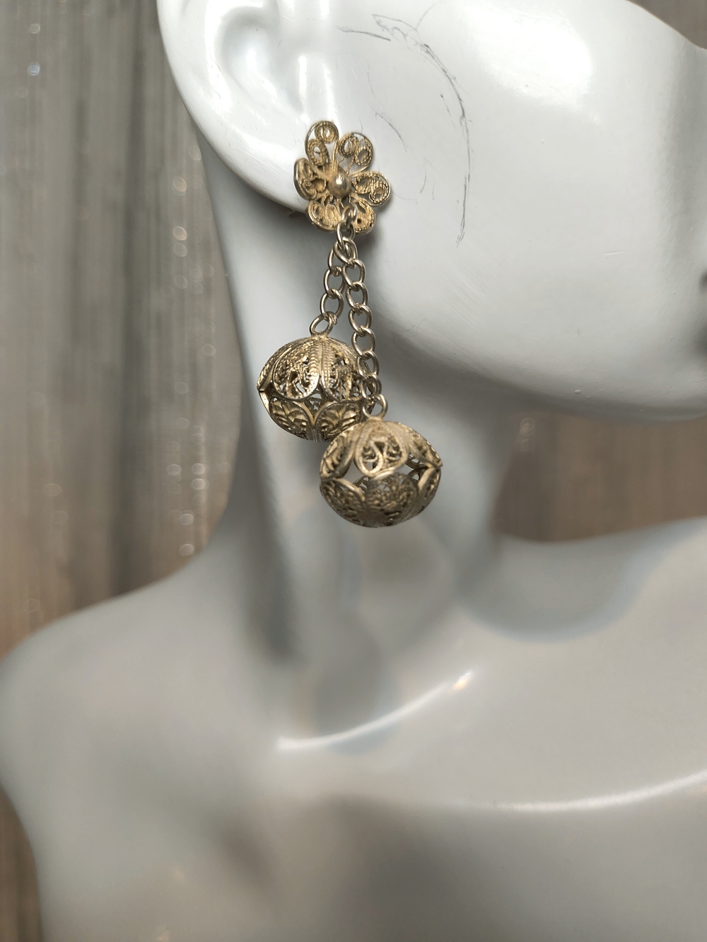 Vintage Sterling Silver Filigree Ball Drop Earrings Ornate Floral Dangle Boho